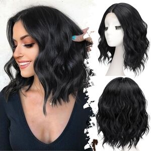 Black Short Wavy Bob Wig 14" • Lace Front Natural Hairline‎ • Heat-Resistant